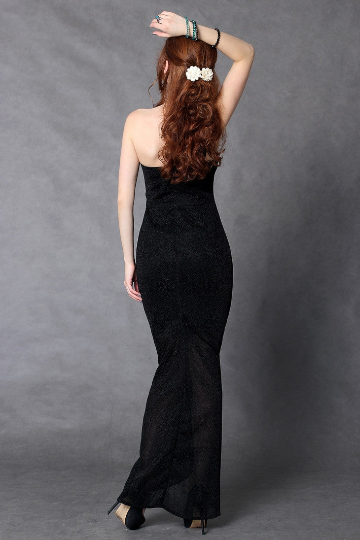 4104-2 Long dress worn on one shoulder with glowing material - black